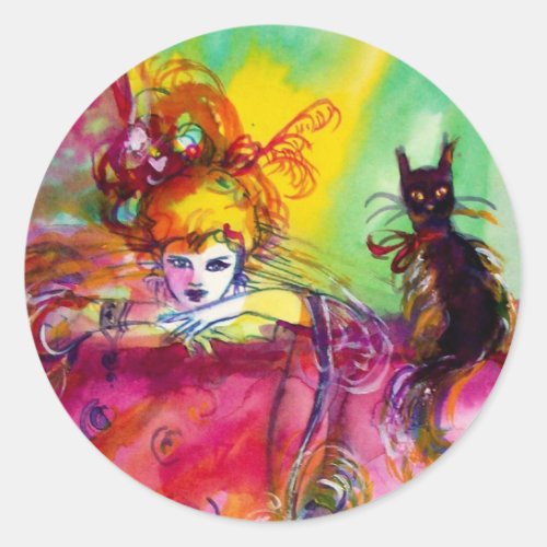 LADY WITH BLACK CAT  Venetian Masquerade Classic Round Sticker