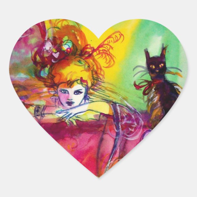 LADY WITH BLACK CAT / Venetian Masquerade Heart Heart Sticker (Front)