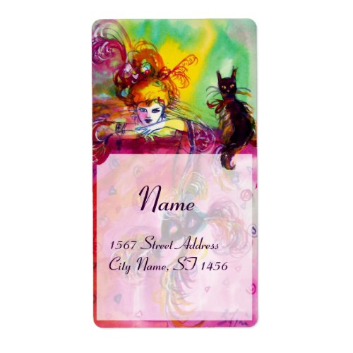 LADY WITH BLACK CAT  Venetian Masquerade Masks Label