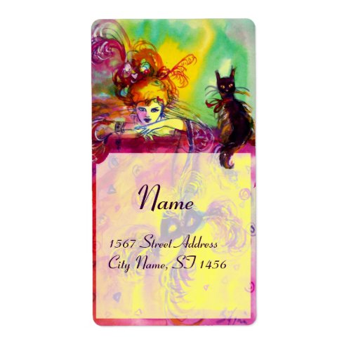 LADY WITH BLACK CAT  Venetian Masquerade Masks Label