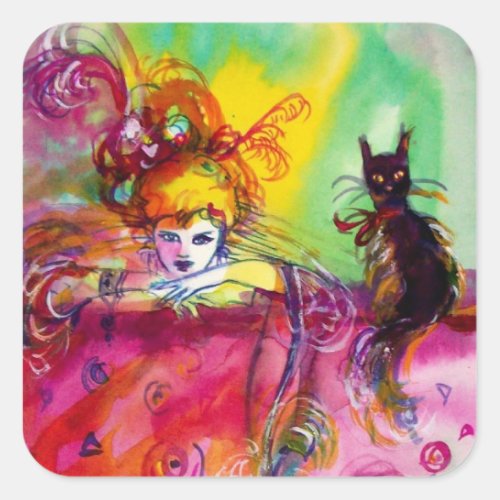 LADY WITH BLACK CAT  Venetian Masquerade Square Sticker