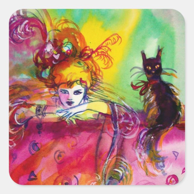 LADY WITH BLACK CAT / Venetian Masquerade Square Sticker (Front)