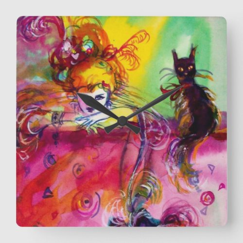 LADY WITH BLACK CAT  Venetian Masquerade Square Wall Clock