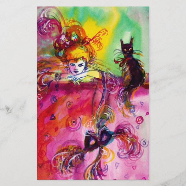 LADY WITH BLACK CAT / Venetian Masquerade Stationery (Front)