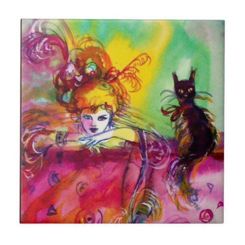 LADY WITH BLACK CAT  Venetian Masquerade Tile