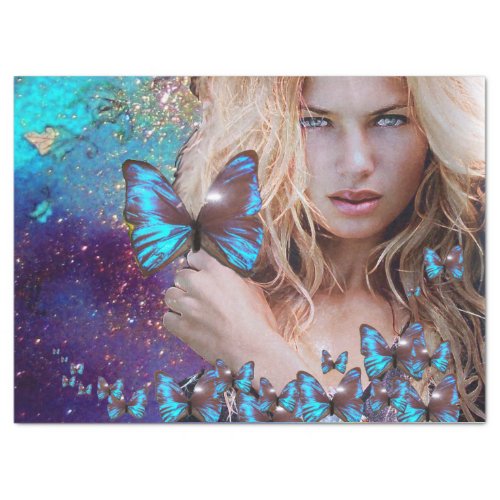LADY WITH BLUE BUTERRFLY Beauty in Nature Tissue Paper