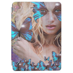 LADY WITH BLUE BUTTERFLY FLORAL GOLD SPARKLES iPad AIR COVER