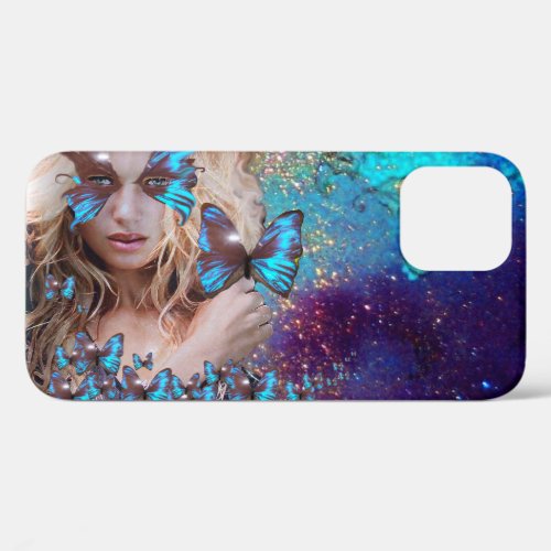 LADY WITH BLUE BUTTERFLY FLORAL GOLD SPARKLES iPho iPhone 12 Case