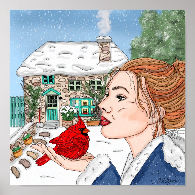 Lady with Cardinal in front of English Cottage Poster (Front)