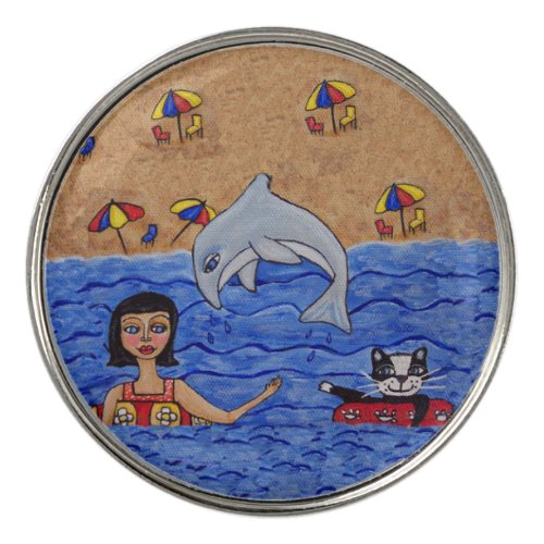 Lady With Cat inner Tubes Ocean Gray Dolphin Golf Ball Marker