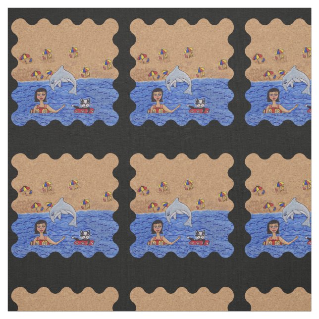 Lady With Cat Swimming in Ocean Jumping Dolphin Fabric (Swatch)