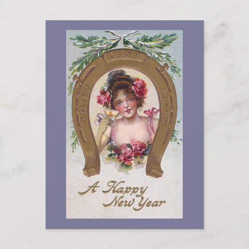 Lady with Champagne Antique New Year Holiday Postcard
