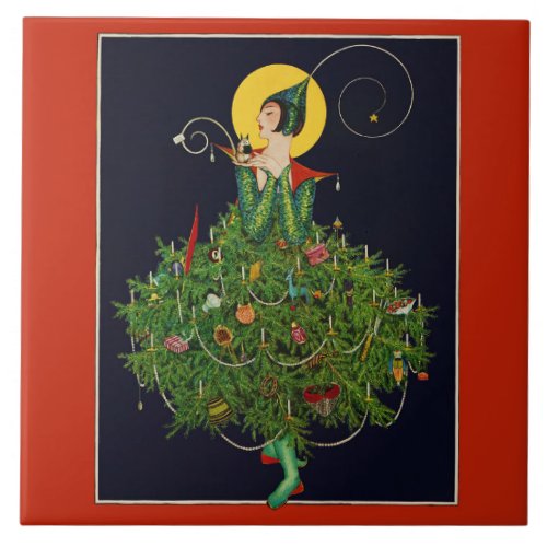 LADY WITH CHRISTMAS GIFTS ART DECO BEAUTY FASHION CERAMIC TILE