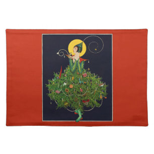 LADY WITH CHRISTMAS GIFTS ART DECO BEAUTY FASHION CLOTH PLACEMAT