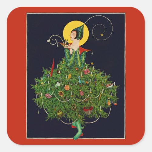 LADY WITH CHRISTMAS GIFTS ART DECO BEAUTY FASHION SQUARE STICKER