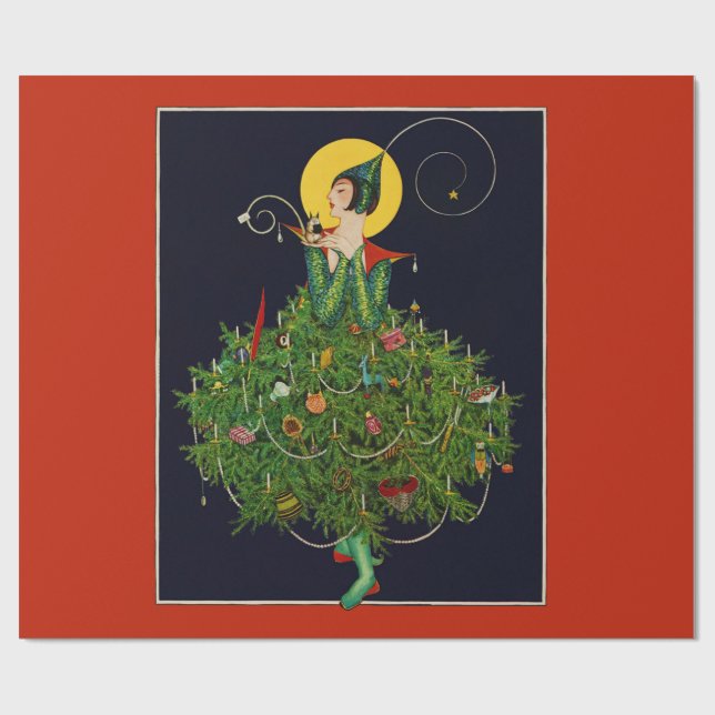 LADY WITH CHRISTMAS GIFTS ART DECO BEAUTY FASHION WRAPPING PAPER (Flat)