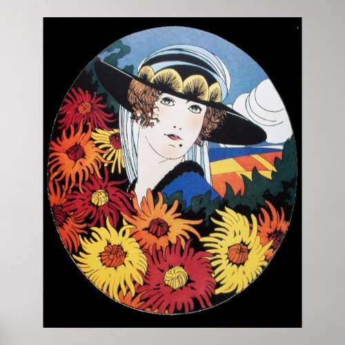 Lady with Chrysanthemum Flowers Black Poster