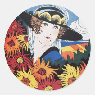 Lady with Chrysanthemum Flowers Classic Round Sticker