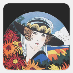 Lady with Chrysanthemum Flowers Square Sticker