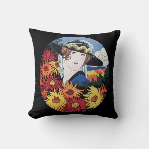 Lady with Chrysanthemum Flowers Throw Pillow
