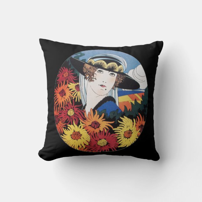 Lady with Chrysanthemum Flowers Throw Pillow (Front)