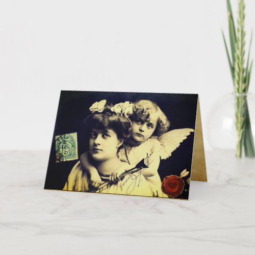 LADY WITH CUPIDRED HEART WAX SEAL Valentines Day Holiday Card