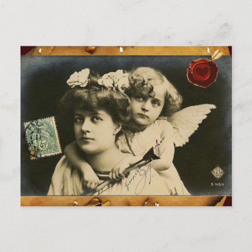 LADY WITH CUPIDRED HEART WAX SEAL Valentines Day Holiday Postcard