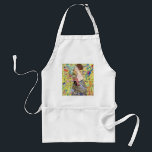 Lady with Fan by Gustav Klimt, Vintage Japonism Adult Apron<br><div class="desc">Lady with Fan (1918) by Gustav Klimt is a vintage Victorian Era Symbolism fine art portrait painting. A beautiful brunette woman holding an oriental fan. The golden floral Japanese themed background is full of blooming exotic flowers, peacocks and other birds with outstretched wings. About the artist: Gustav Klimt (1862-1918) was...</div>