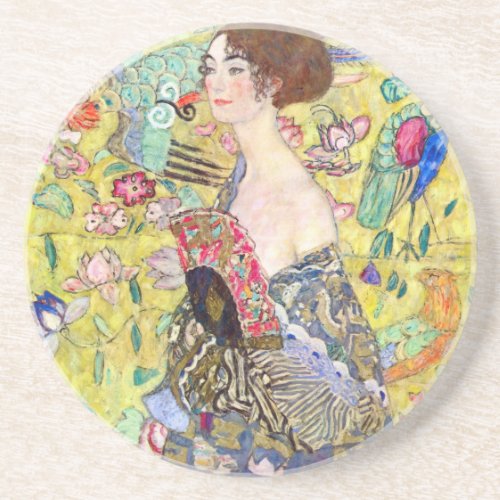 Lady with Fan by Gustav Klimt Vintage Japonism Sandstone Coaster