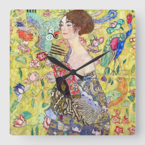 Lady with Fan by Gustav Klimt Vintage Japonism Square Wall Clock