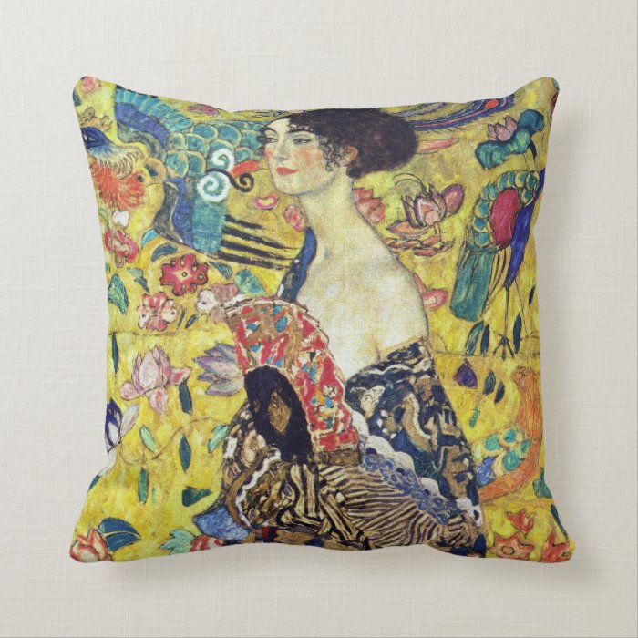 Lady with fan portrait symbolism by Klimt Throw Pillow