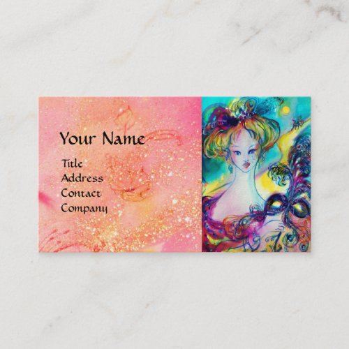 LADY WITH FEATHERED MASK MONOGRAM Pink Fuchsia Business Card