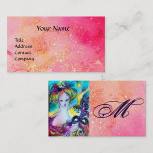 LADY WITH FEATHERED MASK MONOGRAM Pink Fuchsia Business Card