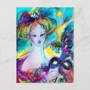 LADY WITH FEATHERED MASK Venetian Masquerade Night Postcard