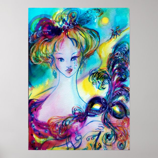 LADY WITH FEATHERED MASK Venetian Masquerade Night Poster (Front)
