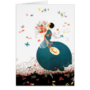 LADY WITH FLOWER BOUQUET AND BUTTERFLIES CARDS