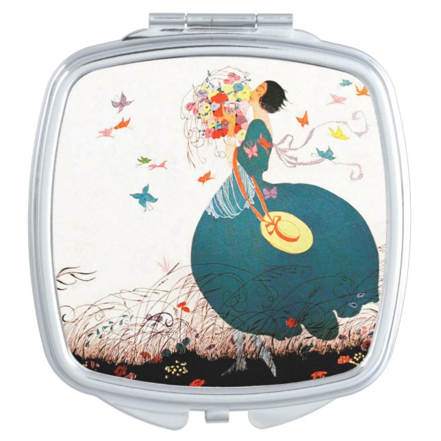 LADY WITH FLOWER BOUQUET AND BUTTERFLIES MAKEUP MIRROR (Front)