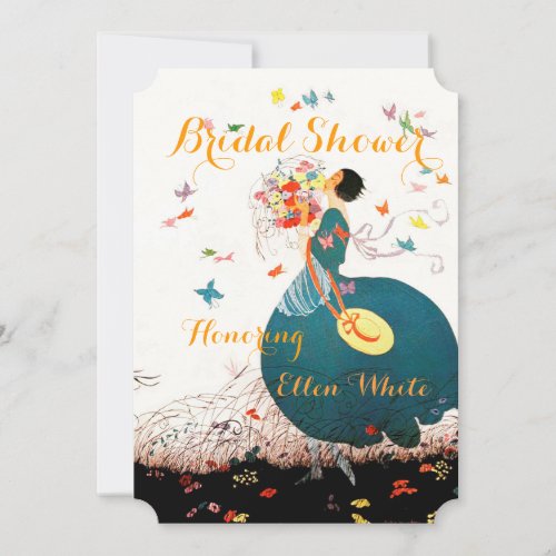 LADY WITH FLOWER BOUQUET AND BUTTERFLIES MONOGRAM INVITATION