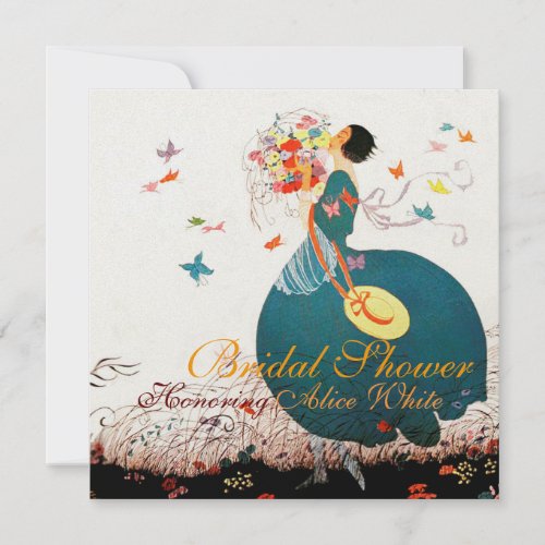 LADY WITH FLOWER BOUQUET AND BUTTERFLIES MONOGRAM INVITATION