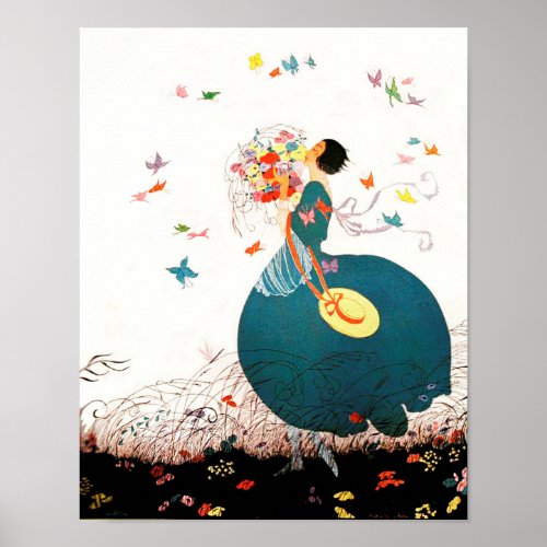 LADY WITH FLOWER BOUQUET AND BUTTERFLIES POSTER