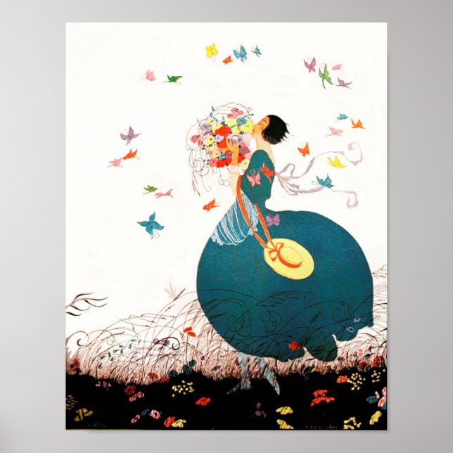 LADY WITH FLOWER BOUQUET AND BUTTERFLIES POSTER (Front)