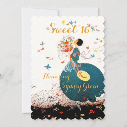 LADY WITH FLOWER BOUQUET AND BUTTERFLIES SWEET 16 INVITATION
