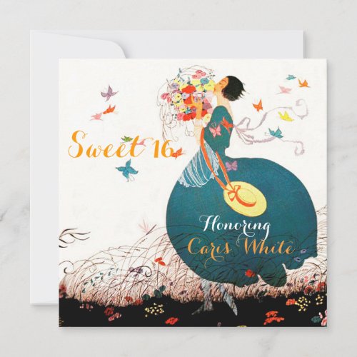 LADY WITH FLOWER BOUQUET AND BUTTERFLIES Sweet 16 Invitation