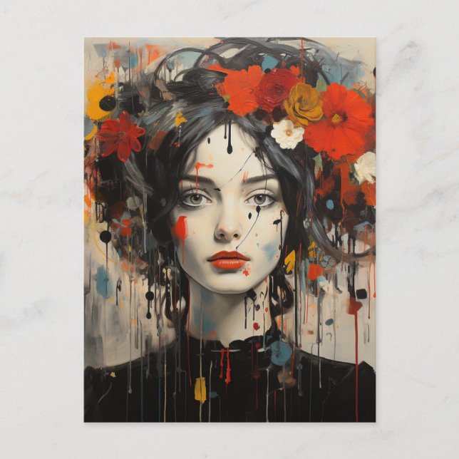 Lady With Flowers in Her Hair Grunge Beauty Postcard (Front)