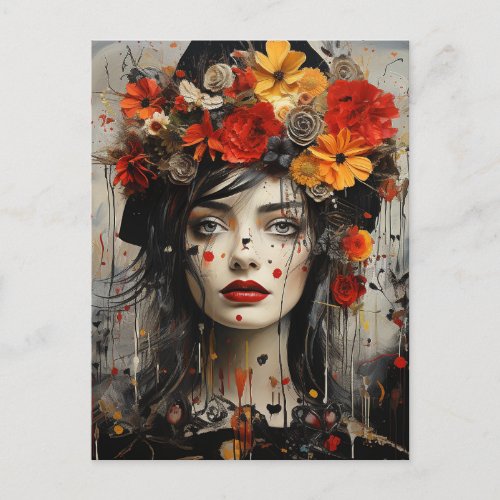 Lady With Flowers in Her Hair Messy Painting Postcard