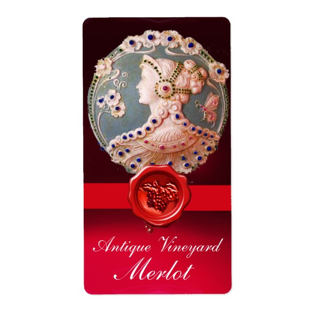 LADY WITH FLOWERS RED GRAPES WAX SEAL Wedding Wine Label (Front)