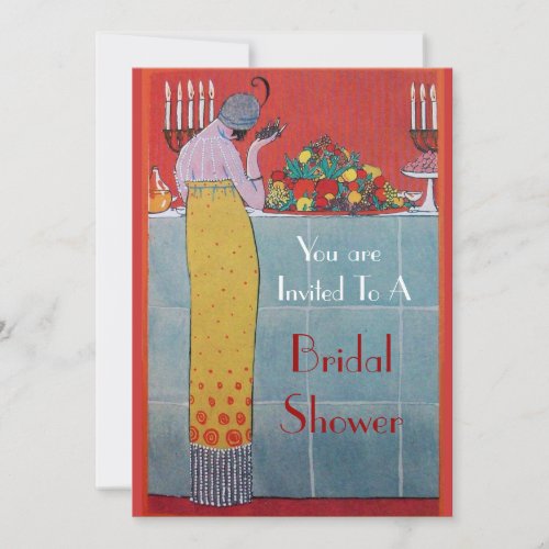 LADY WITH FRUITS AND TABLE SET DECO BRIDAL SHOWER INVITATION