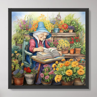 Lady with garden books surrounded by flower pots framed art