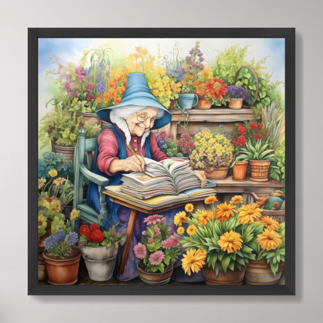 Lady with garden books surrounded by flower pots framed art (Framed Front)