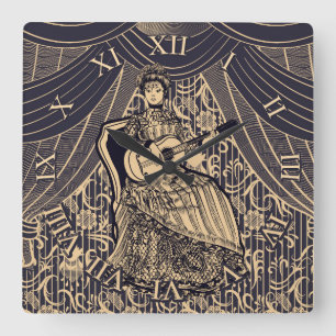 Lady with guitar  square wall clock